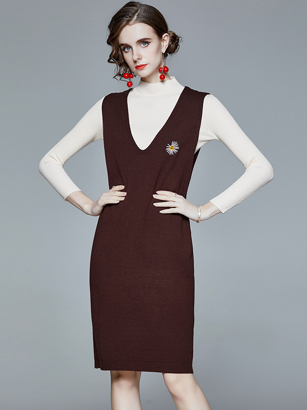 Brown Sleeveless Knitted Dress with White Top